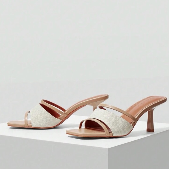 Cognac brown and cream canvas open toe strappy heels - Picture 2 of 7